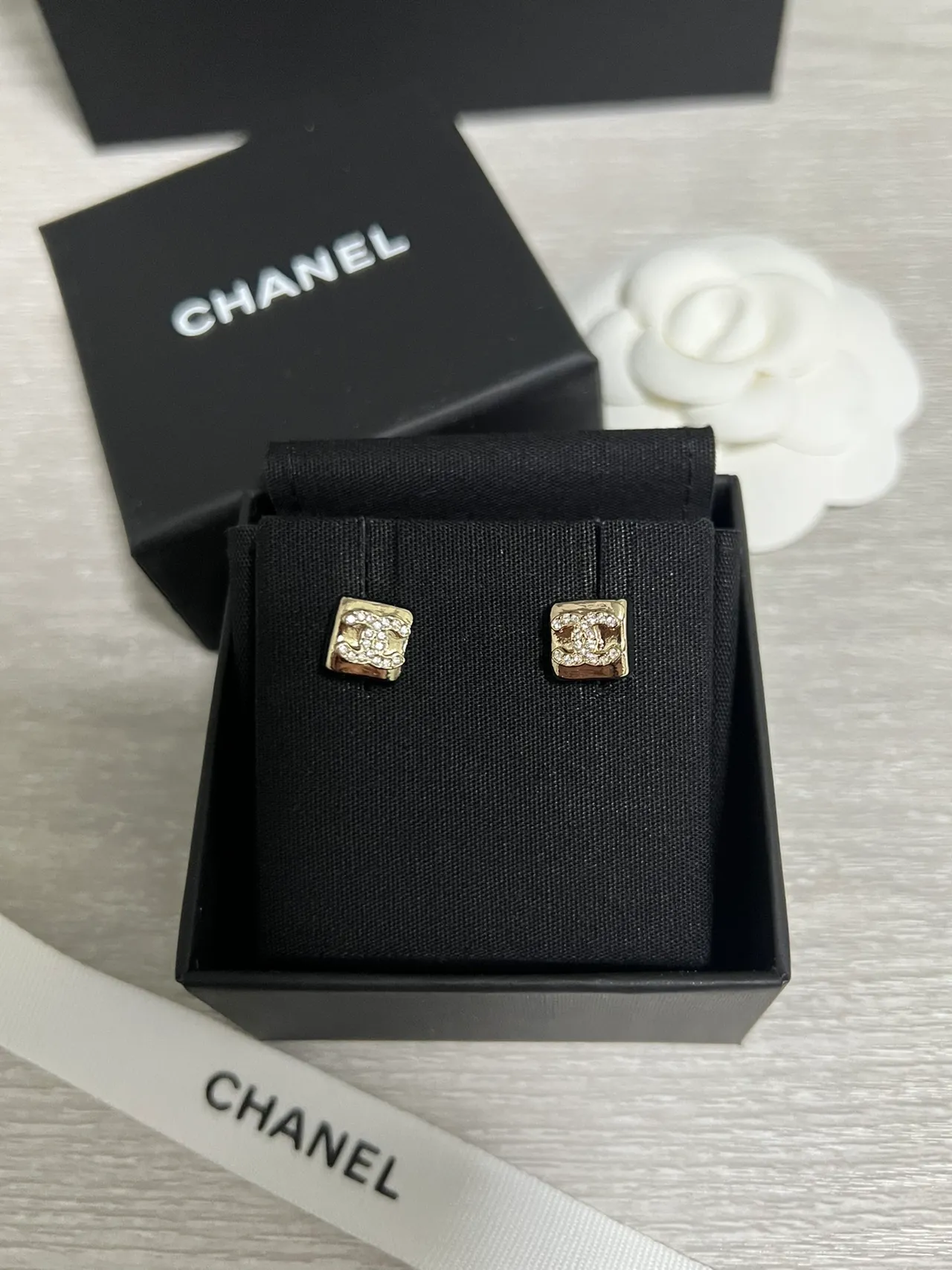 Chanel CC Logo Stud Gold White Square Pavé Crystal Earrings 5