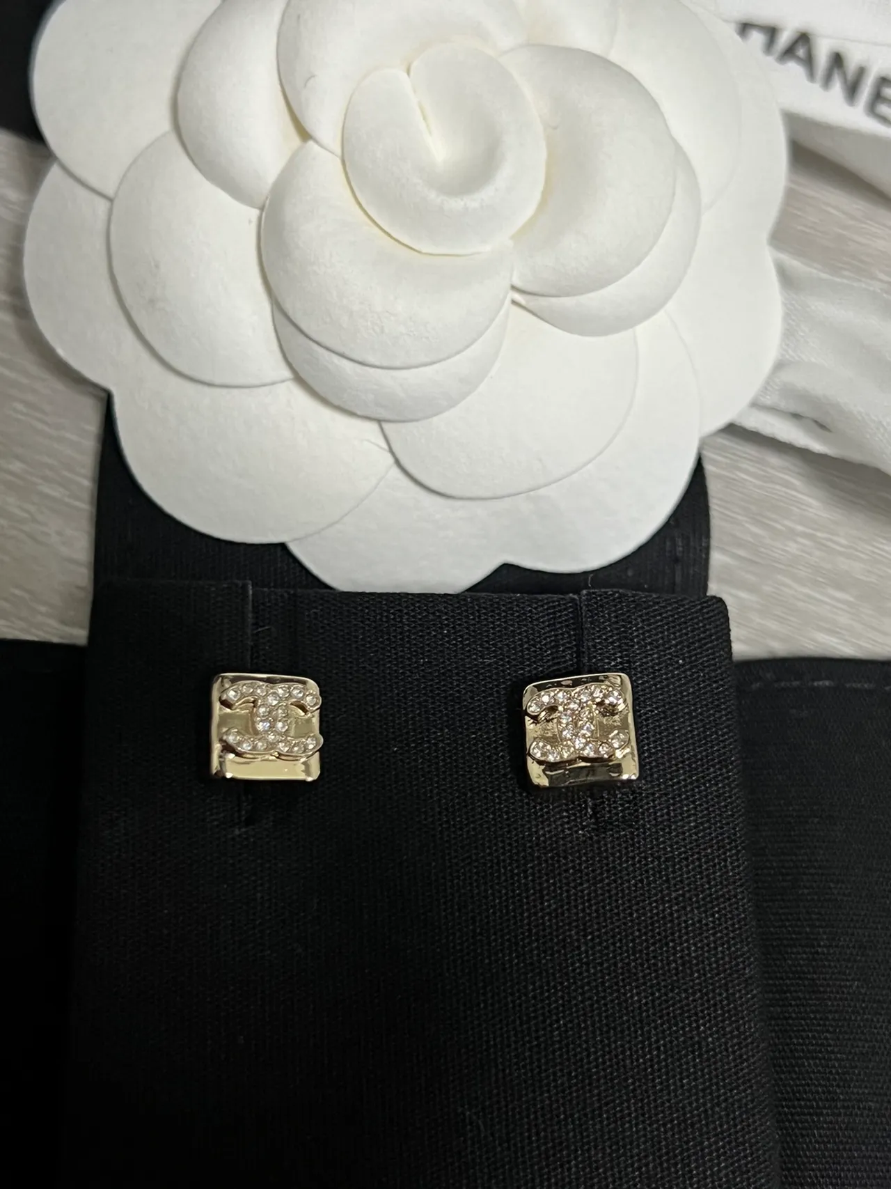 Chanel CC Logo Stud Gold White Square Pavé Crystal Earrings 7
