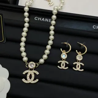 Chanel CC Pearl Beige Gold Strand Crystal-Embellished Logo Necklace