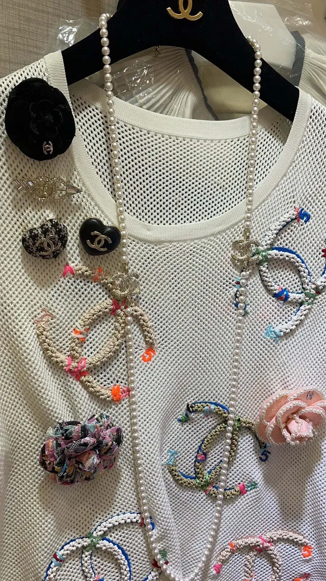 Chanel CC Pearl Necklace White Gold Double-Strand Crystal-Embellished Logo Necklace 2