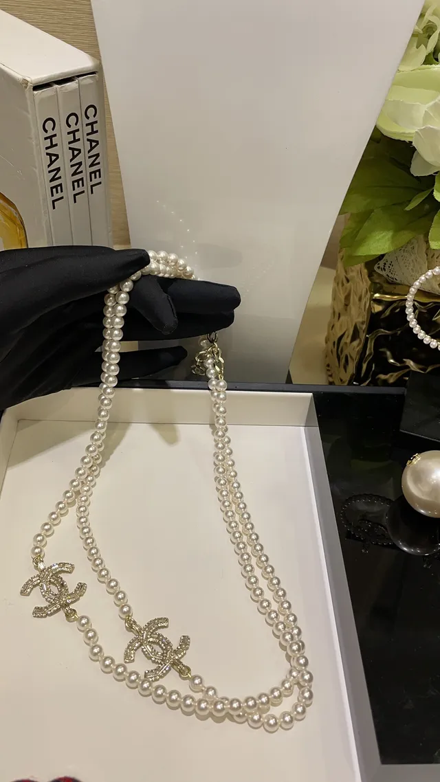 Chanel CC Pearl Necklace White Gold Double-Strand Crystal-Embellished Logo Necklace 4