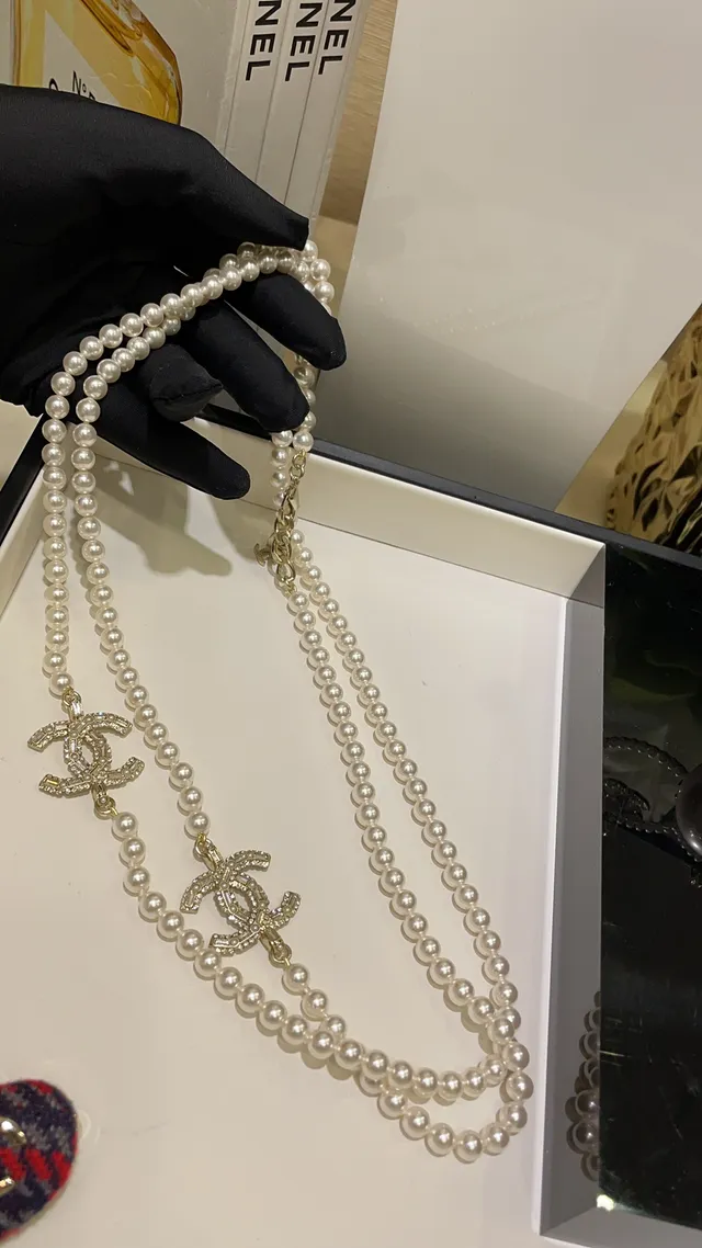 Chanel CC Pearl Necklace White Gold Double-Strand Crystal-Embellished Logo Necklace 5