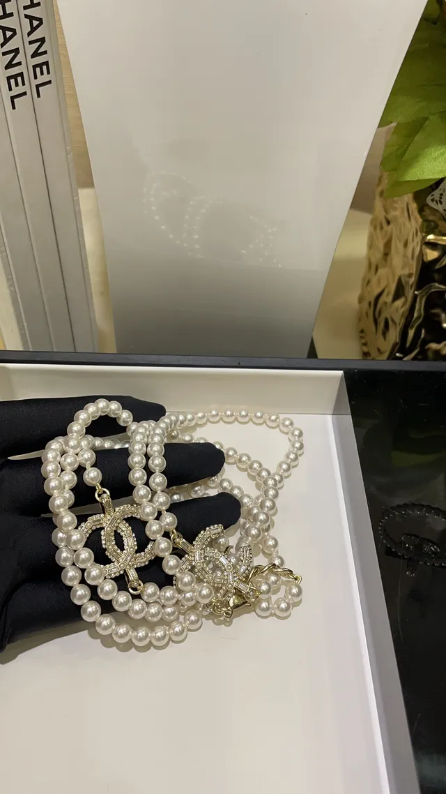 Chanel CC Pearl Necklace White Gold Double-Strand Crystal-Embellished Logo Necklace 6