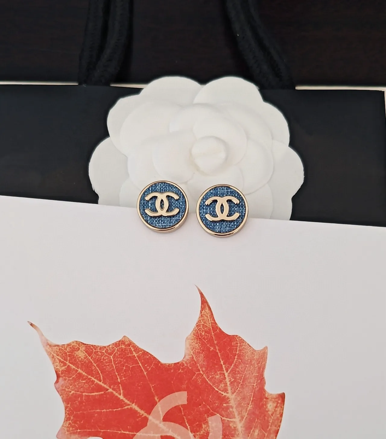 Chanel CC Stud Blue Gold Circular Metal Earrings 2