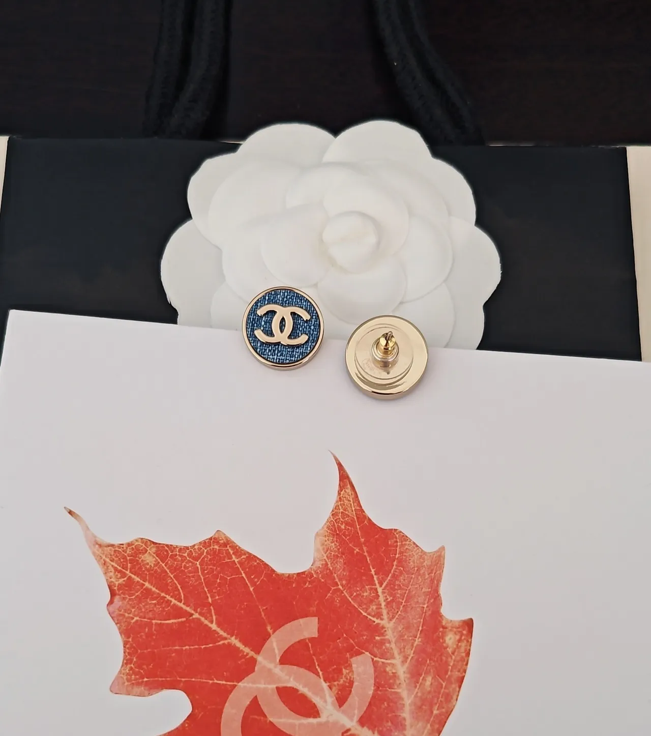 Chanel CC Stud Blue Gold Circular Metal Earrings 3