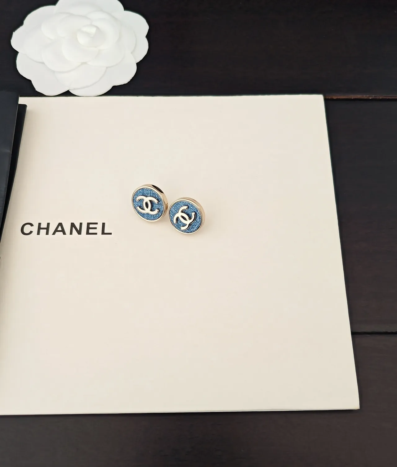 Chanel CC Stud Blue Gold Circular Metal Earrings 5