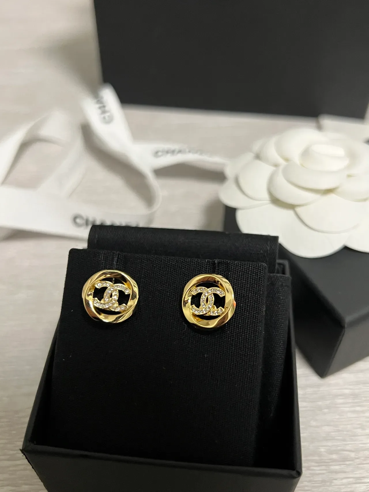 Chanel CC Stud Gold Black Circular Metal Earrings 8