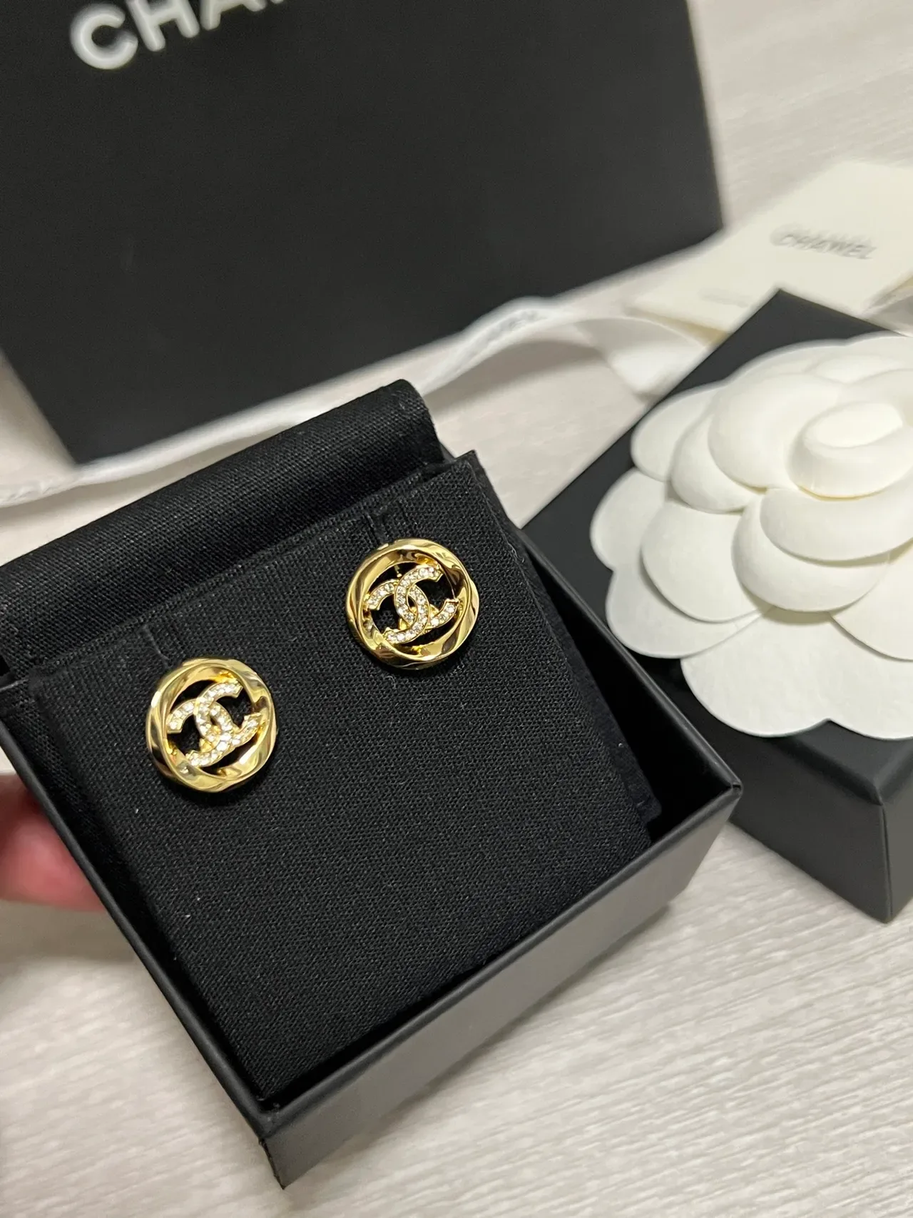 Chanel CC Stud Gold Black Circular Metal Earrings 9