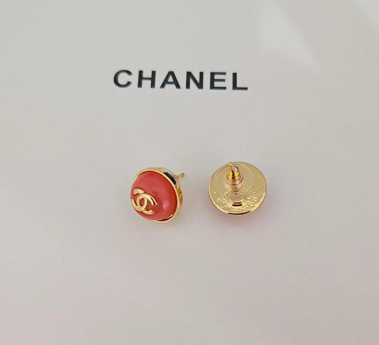Chanel CC Stud Red Gold Round Enamel Face Earrings 2