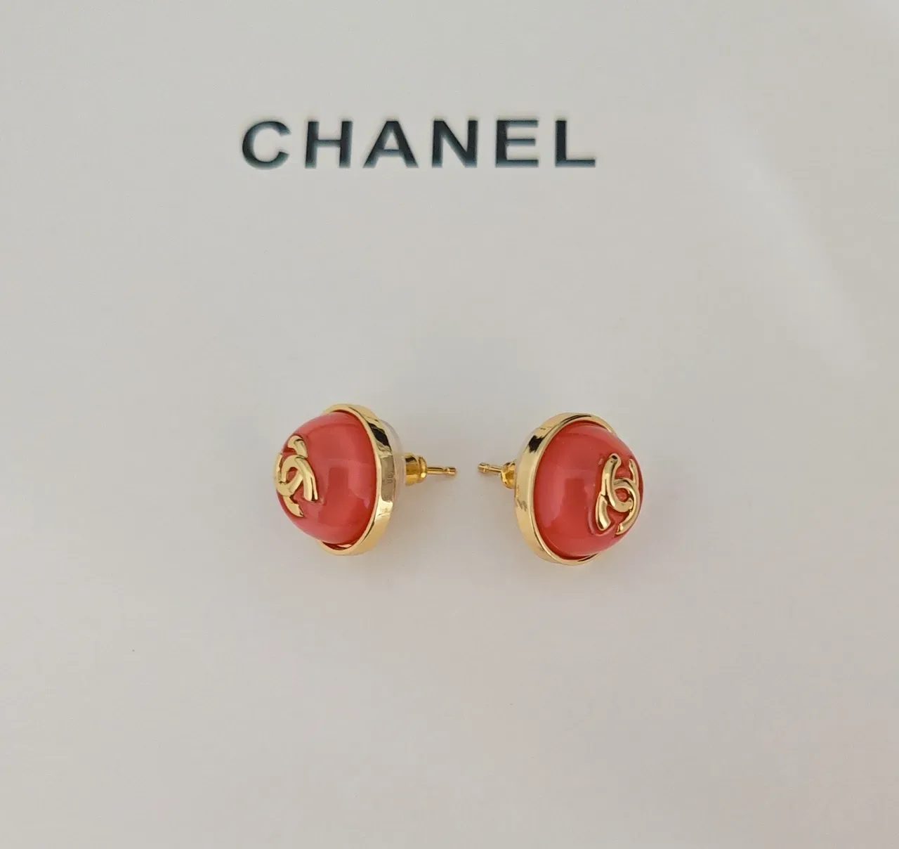 Chanel CC Stud Red Gold Round Enamel Face Earrings 3