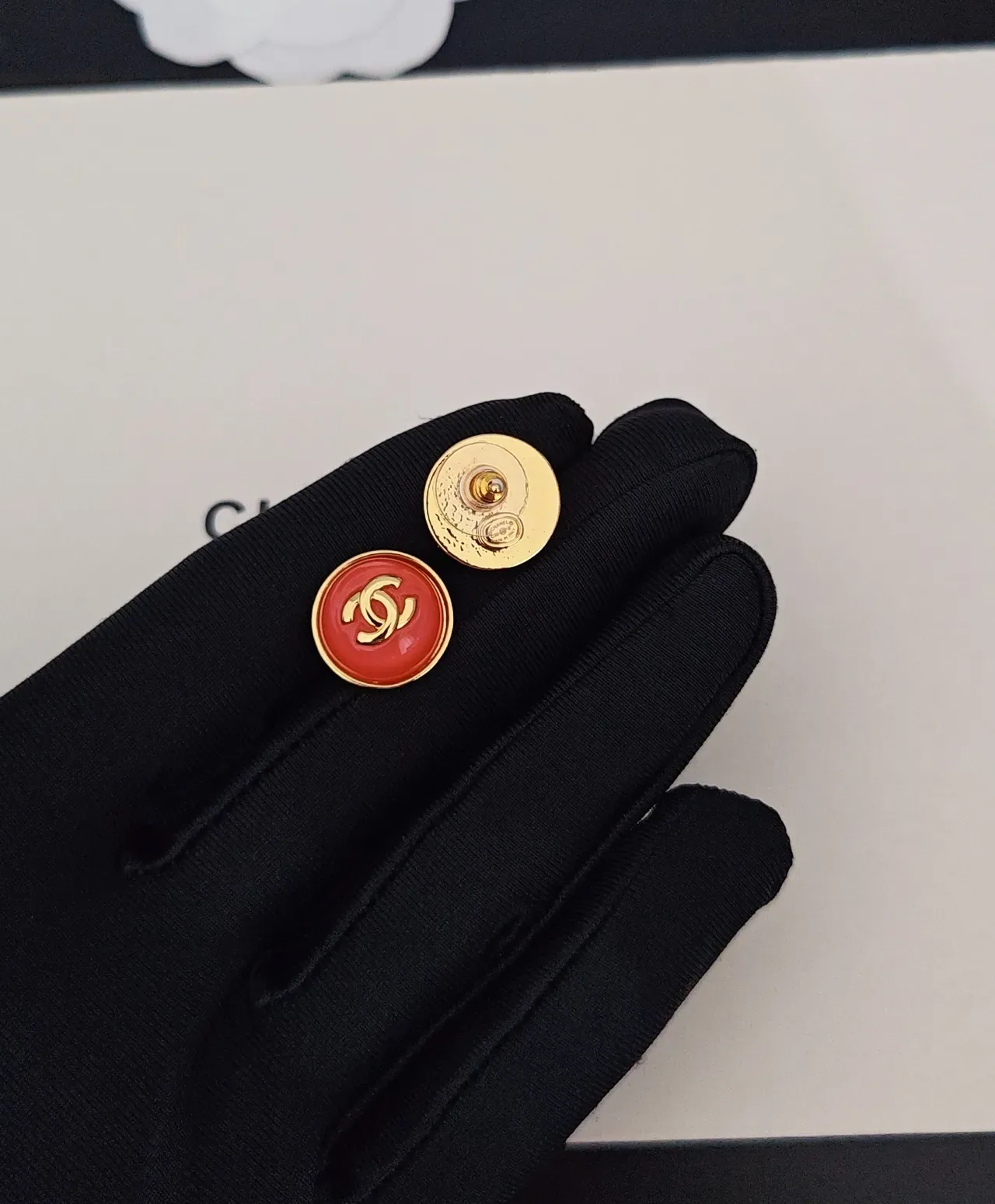 Chanel CC Stud Red Gold Round Enamel Face Earrings 4