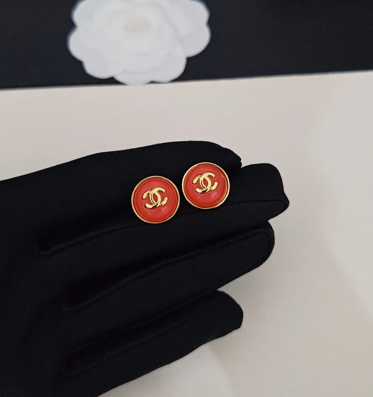 Chanel CC Stud Red Gold Round Enamel Face Earrings 5