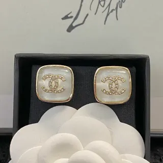 Chanel CC Stud White Gold Square Mother-of-Pearl Face Earrings