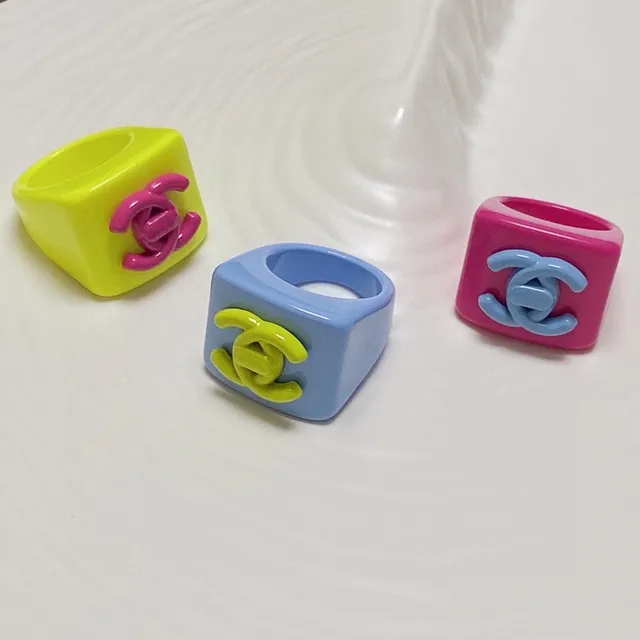 Chanel Chunky Resin Square Ring Multicolor Bold CC Logo Rings 4