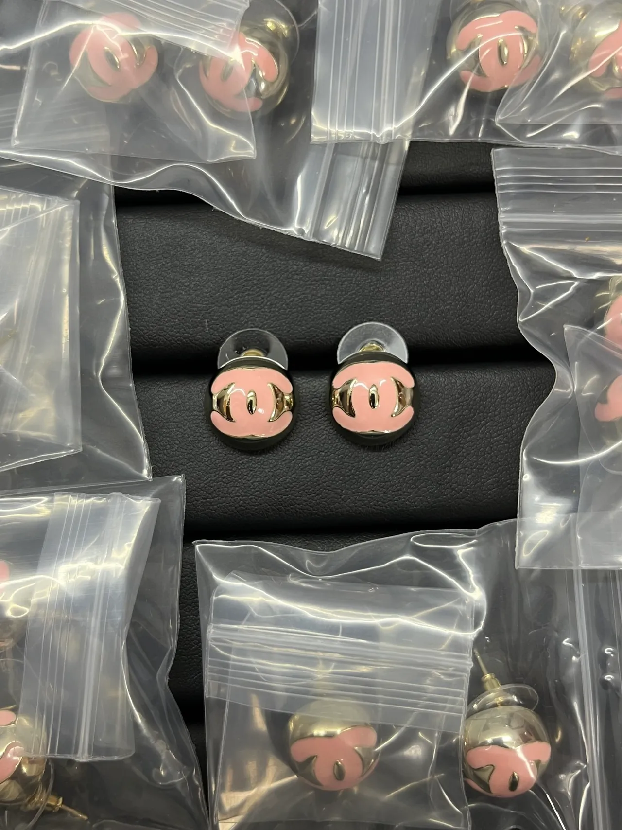 Chanel Classic CC Stud Pink Gold Round Enamel Face Earrings 2