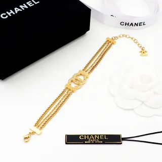 Chanel Classic Double C Crystal Gold-Tone Triple Chain Bracelet