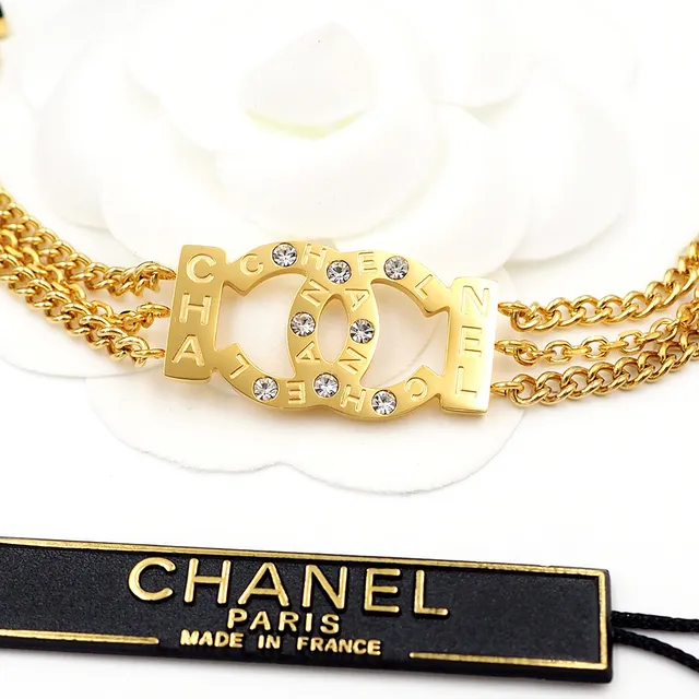 Chanel Classic Double C Crystal Gold-Tone Triple Chain Bracelet 2