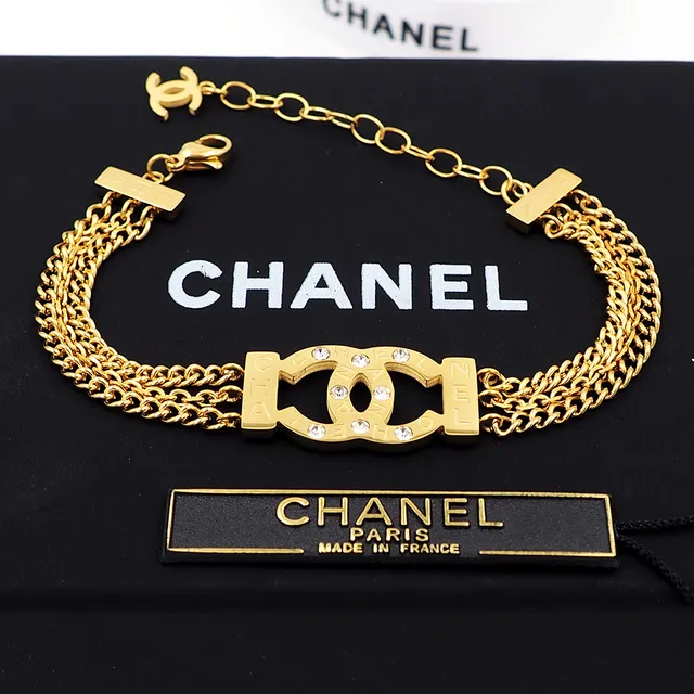 Chanel Classic Double C Crystal Gold-Tone Triple Chain Bracelet 9