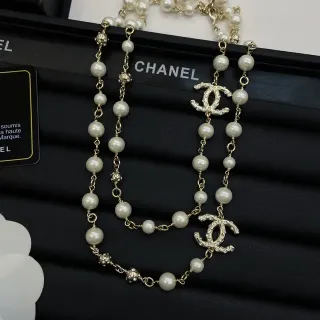 Chanel Classic Pearl Necklace Beige Gold Strand Crystal-Embellished CC Logo Necklace