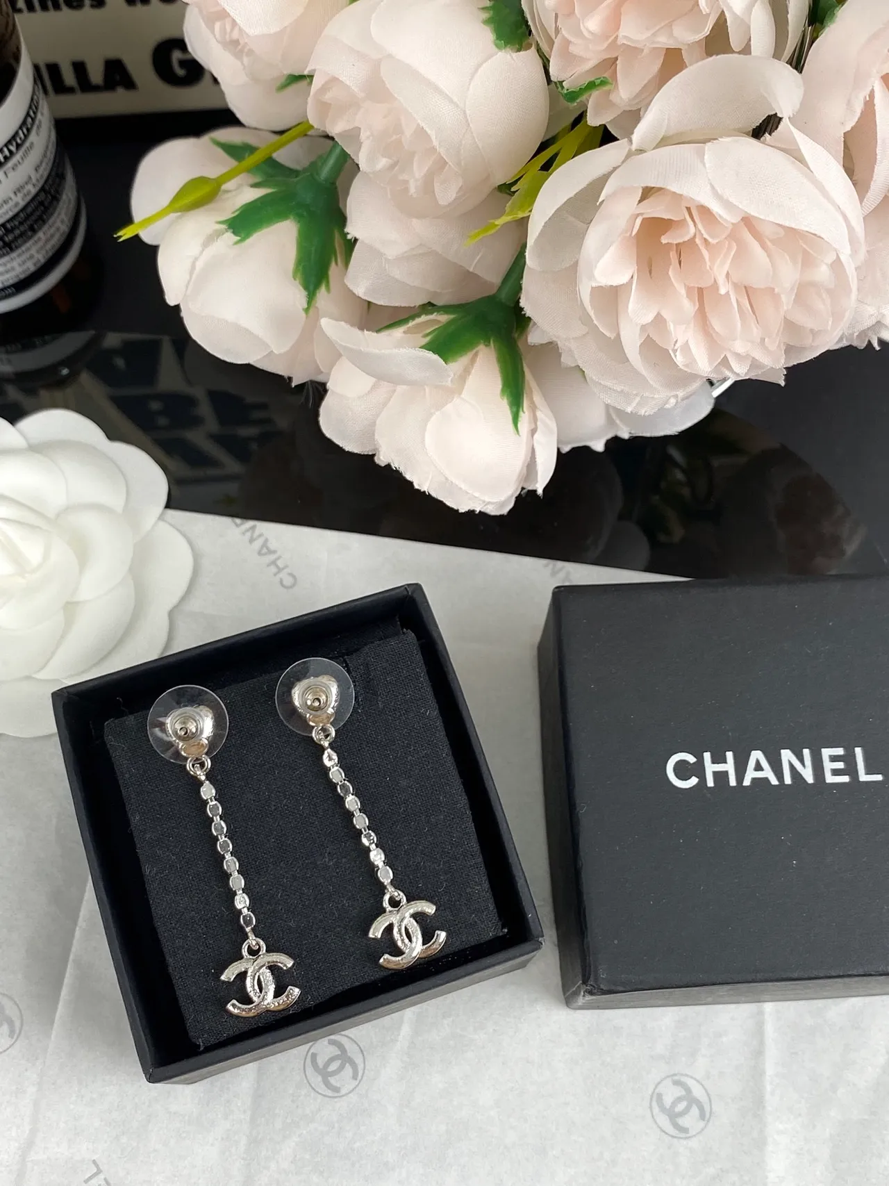 Chanel Crystal Heart and CC Logo Drop Earrings 3