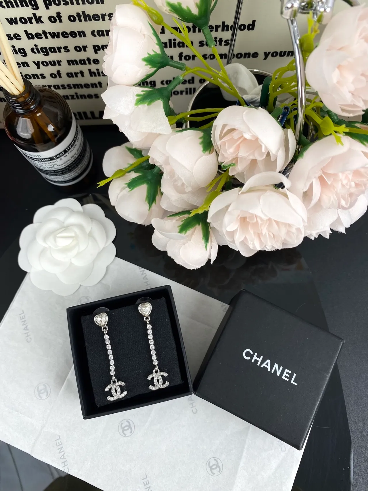 Chanel Crystal Heart and CC Logo Drop Earrings 4