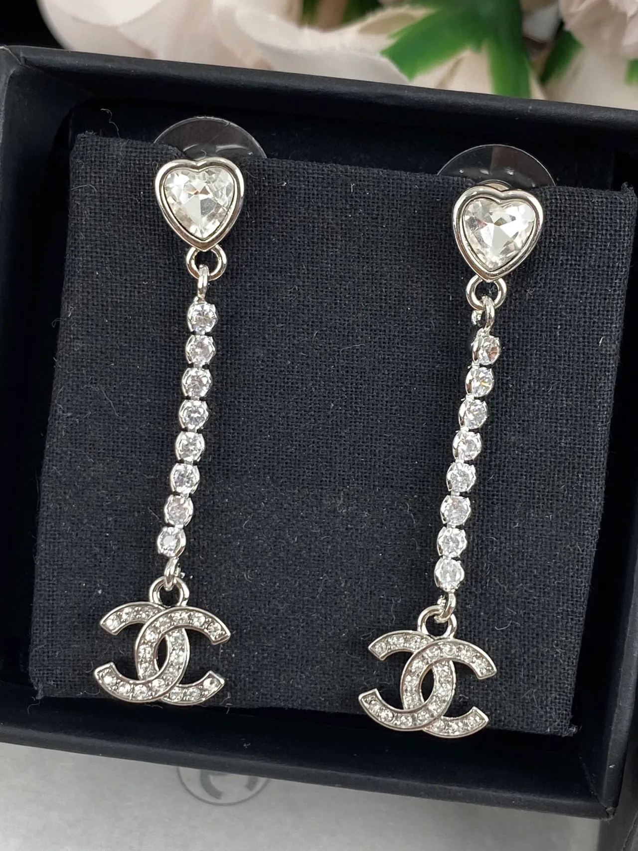 Chanel Crystal Heart and CC Logo Drop Earrings 5