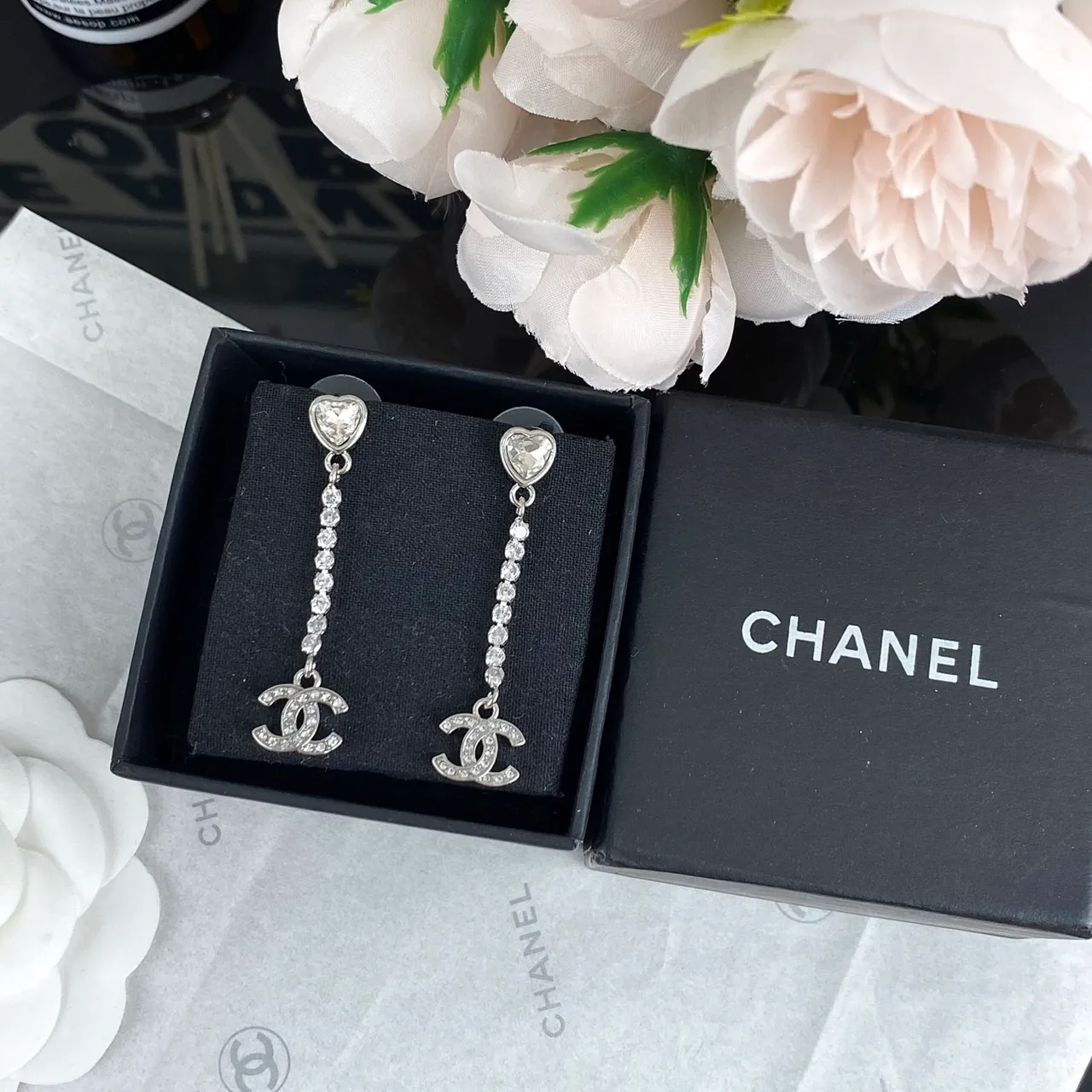 Chanel Crystal Heart and CC Logo Drop Earrings 6