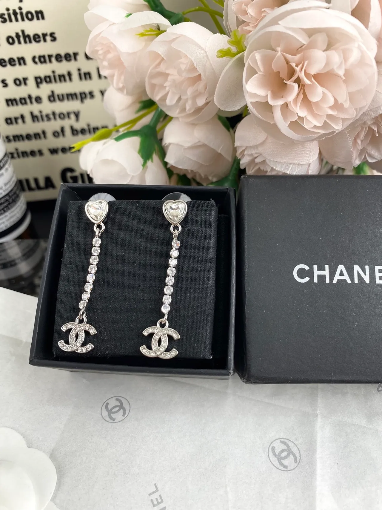 Chanel Crystal Heart and CC Logo Drop Earrings 7