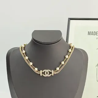 Chanel Gold Beige Double-Chain Pearl-Beaded Necklace