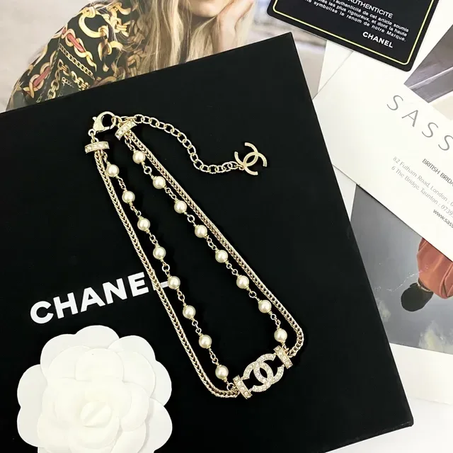 Chanel Collier doré beige chaîne double perles 3