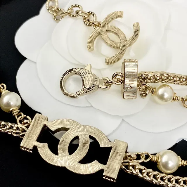 Chanel Collier doré beige chaîne double perles 6