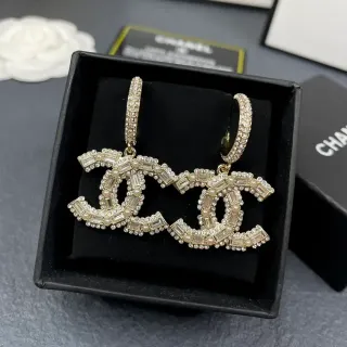 香奈儿金银 interlocking CC Logo Baguette 水钻包地耳环