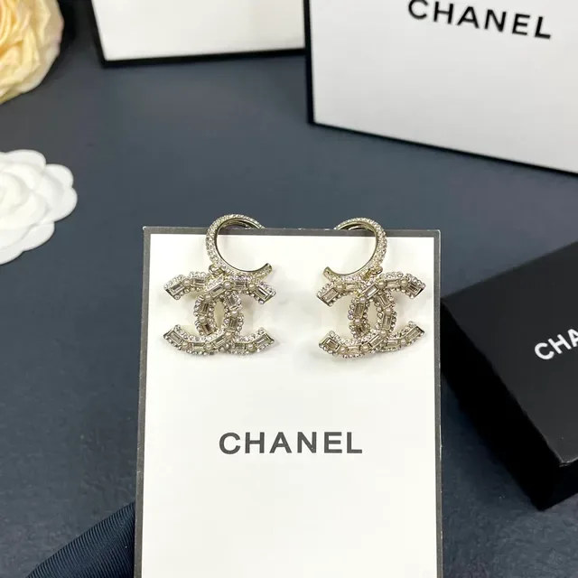 Chanel Gold Silver Interlocking CC Logo Baguette Crystal Pavé Earrings 2