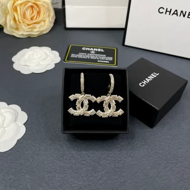 Chanel Gold Silver Interlocking CC Logo Baguette Crystal Pavé Earrings 3