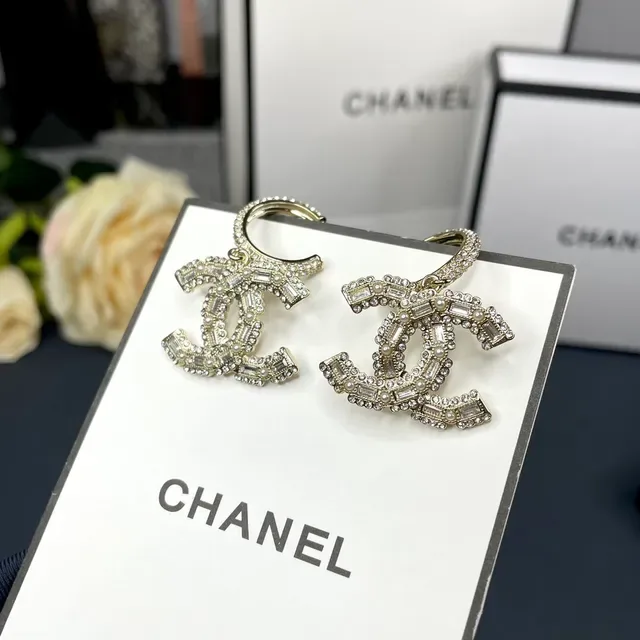 Chanel Gold Silver Interlocking CC Logo Baguette Crystal Pavé Earrings 4