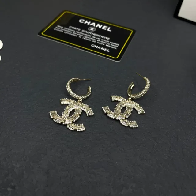 Chanel Gold Silver Interlocking CC Logo Baguette Crystal Pavé Earrings 5
