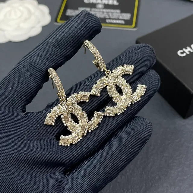 Chanel Gold Silver Interlocking CC Logo Baguette Crystal Pavé Earrings 6