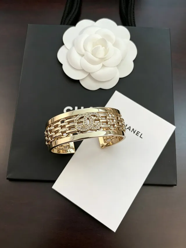 Chanel Gold White Wide Cuff Chain-Link Motif Bracelet 4