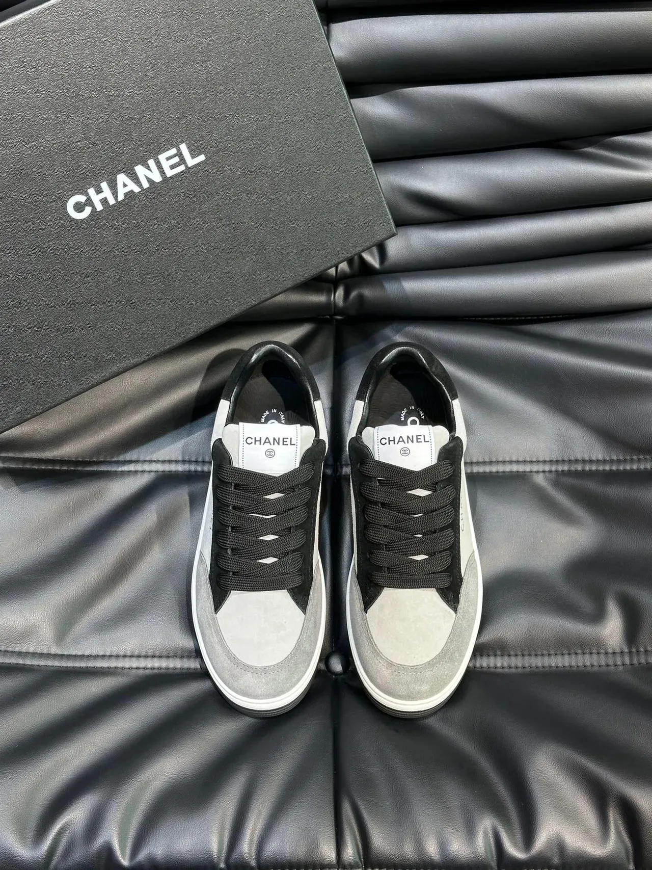 Chanel Gray Black Low-Top Suede-and-Leather Panelled Sneakers 2