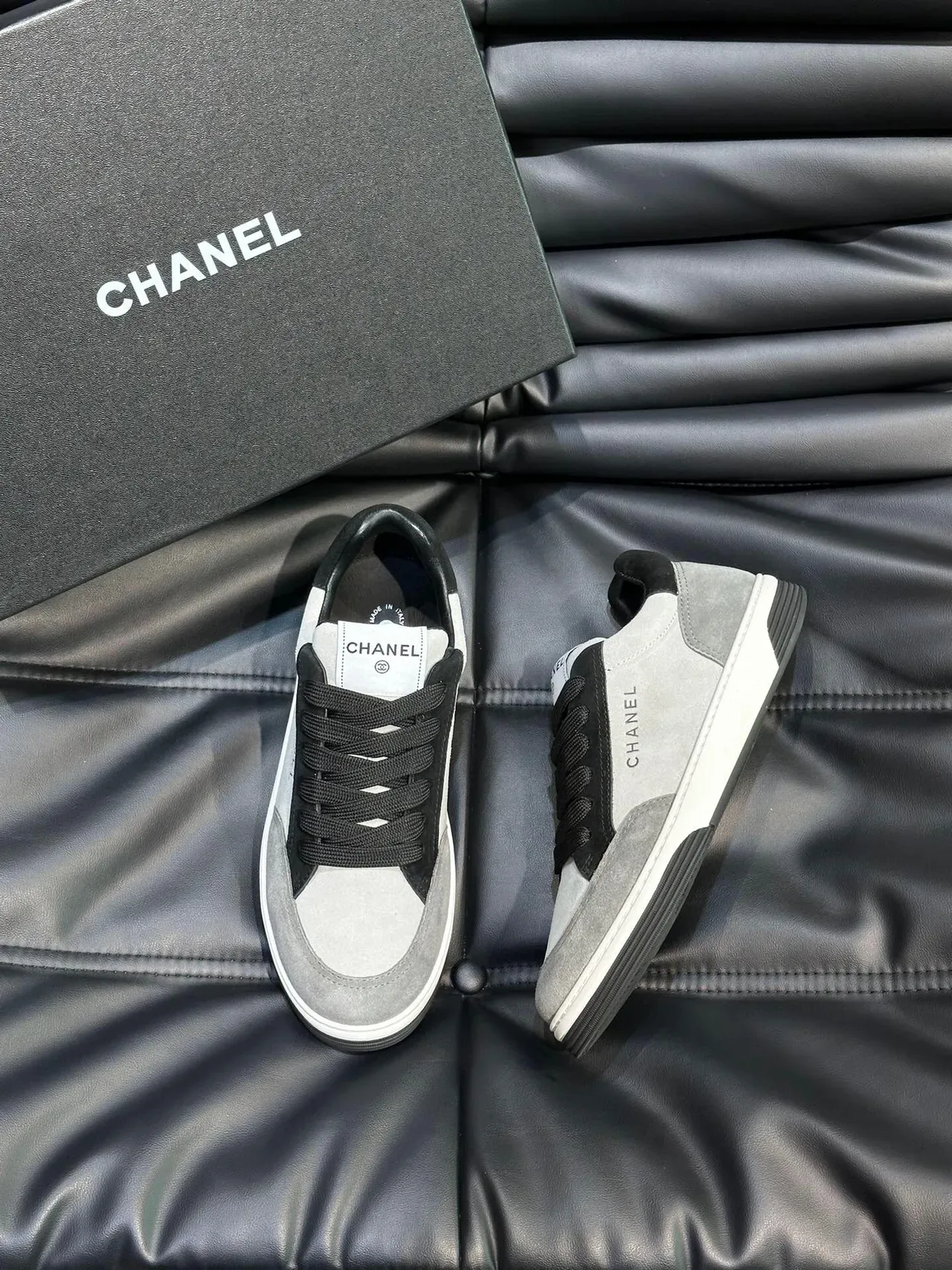 Chanel Gray Black Low-Top Suede-and-Leather Panelled Sneakers 3