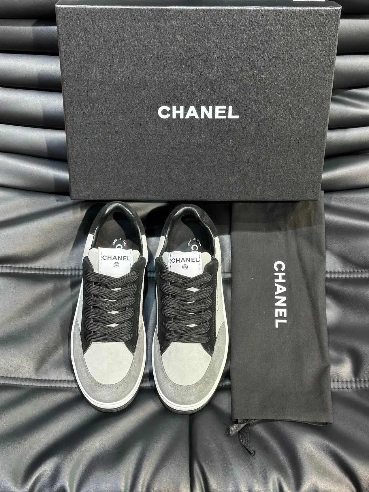 Chanel Gray Black Low-Top Suede-and-Leather Panelled Sneakers 4
