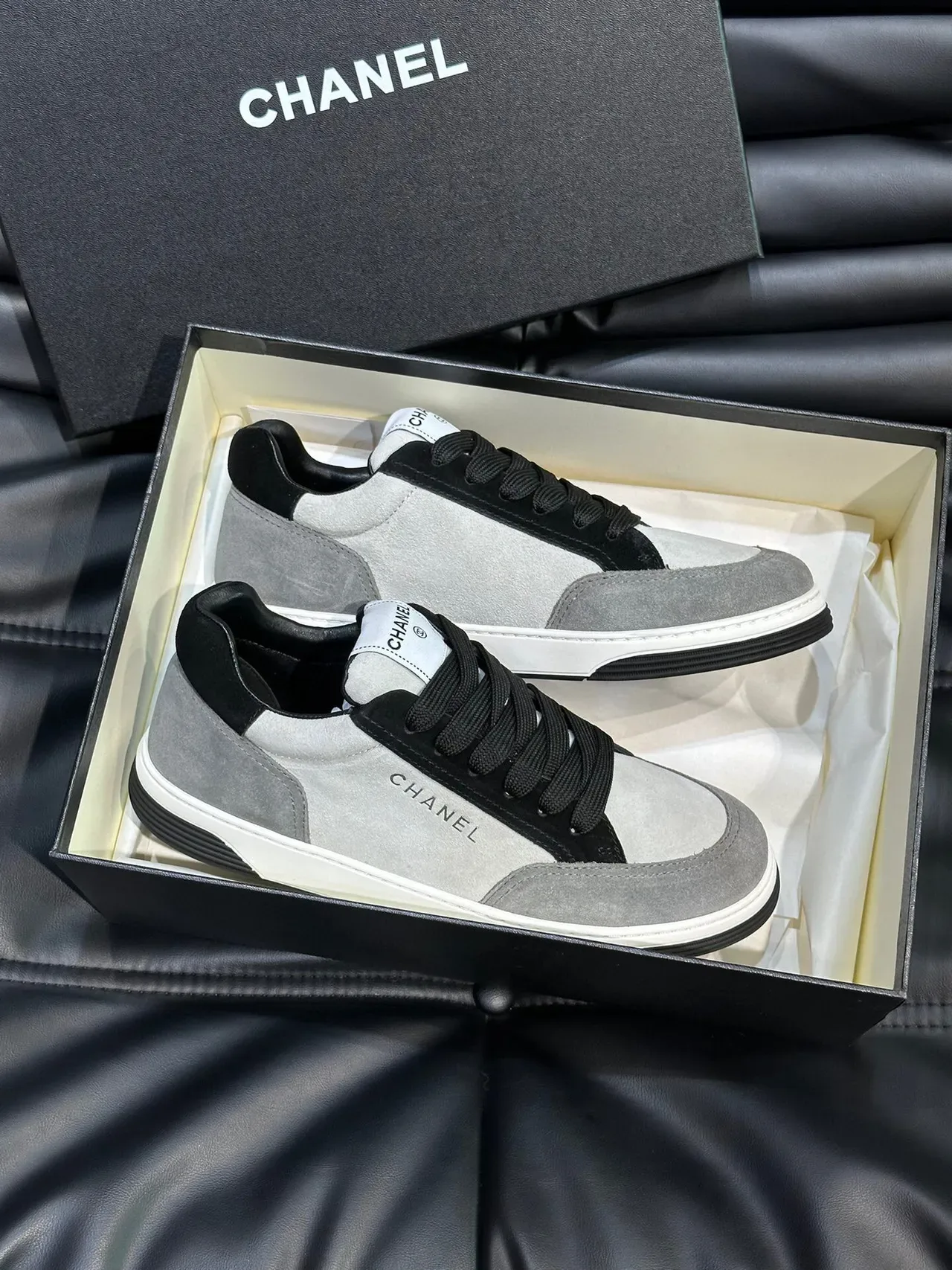 Chanel Gray Black Low-Top Suede-and-Leather Panelled Sneakers 5