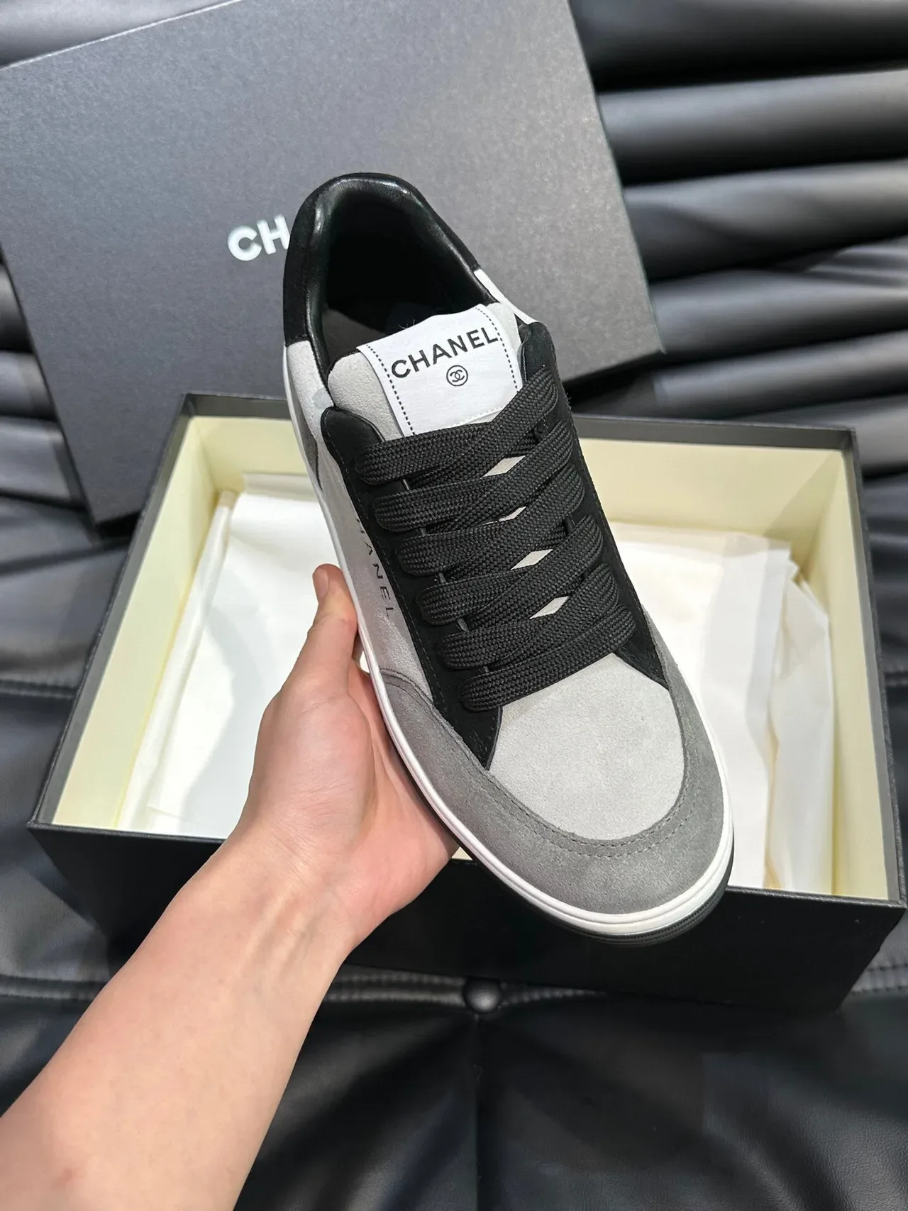 Chanel Gray Black Low-Top Suede-and-Leather Panelled Sneakers 6