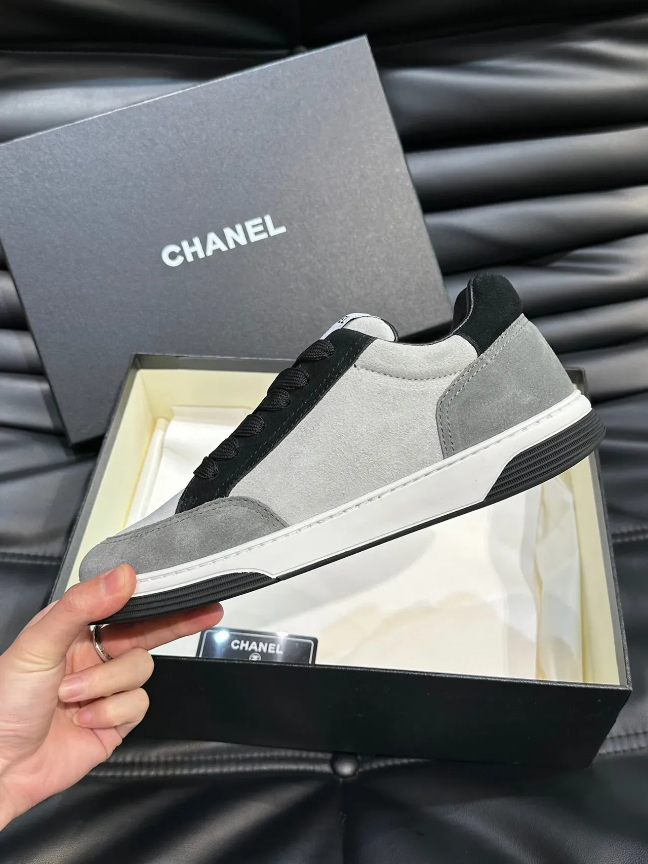 Chanel Gray Black Low-Top Suede-and-Leather Panelled Sneakers 7
