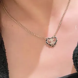 Chanel Heart Pendant Gold Black Interlocking CC Logo Necklace