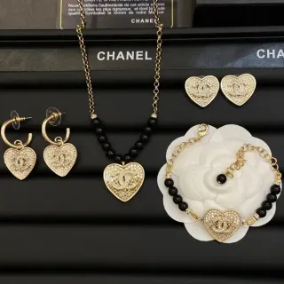 Chanel Heart-Shaped Pavé Crystal and Black Bead Necklace