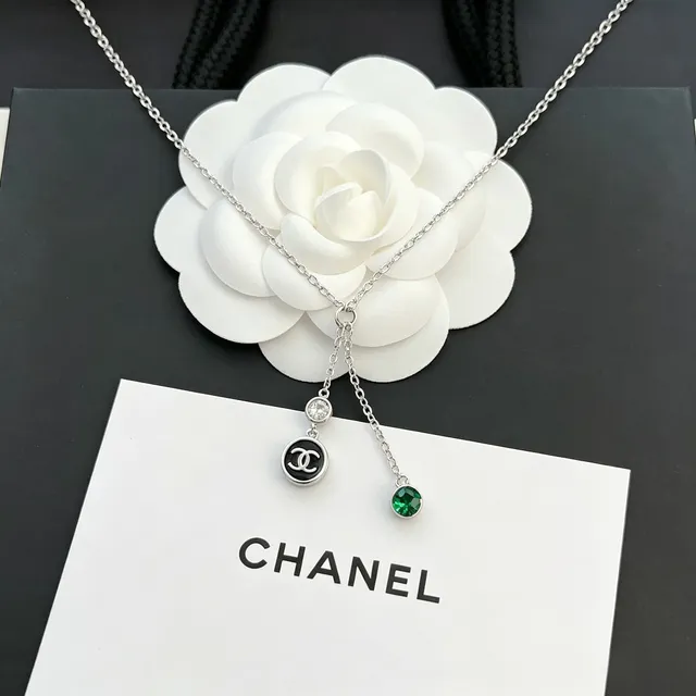 Chanel Lariat Silver Green Chain Y-Drop Design Necklace 3