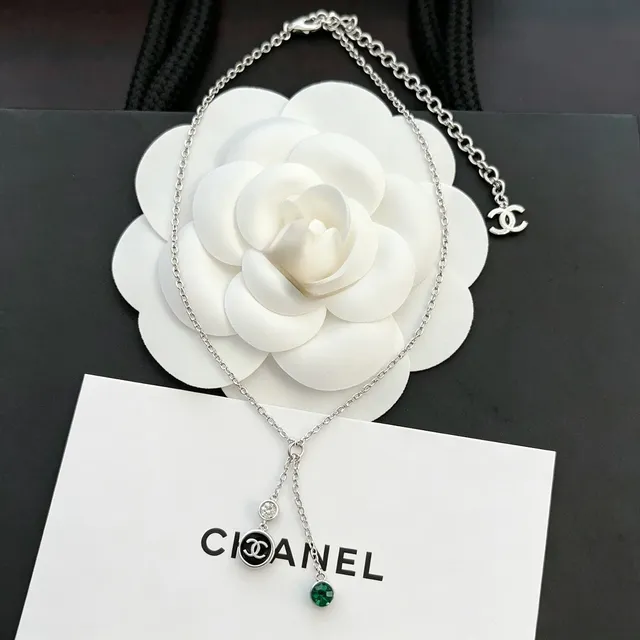 Chanel Lariat Silver Green Chain Y-Drop Design Necklace 4