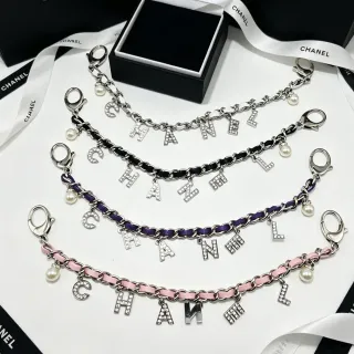 Chanel Letter Charm Silver Multicolor Chain-and-Ribbon Construction Crystal-Embellished Charms Bracelet