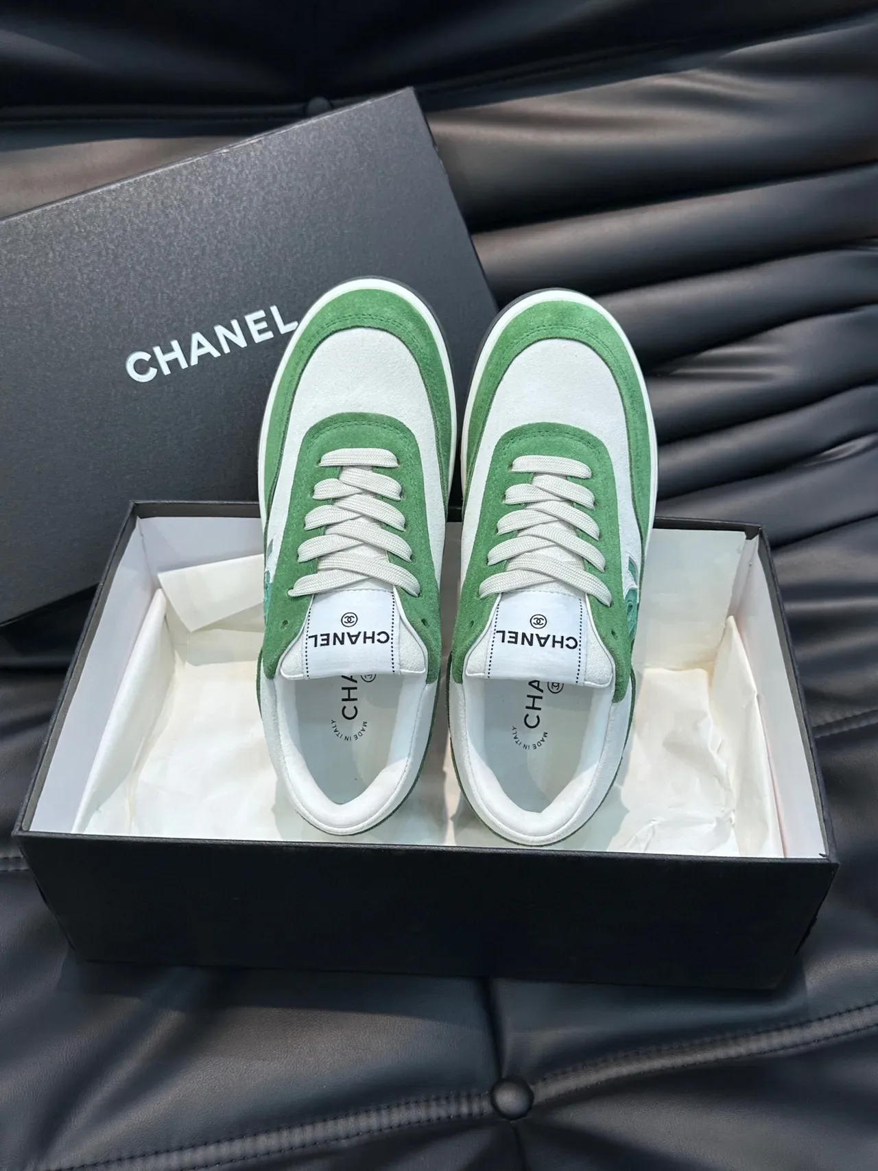 Chanel Lifestyle Sneaker Green White Low-Top Suede-and-Leather Panelled Lifestyle Sneakers 4